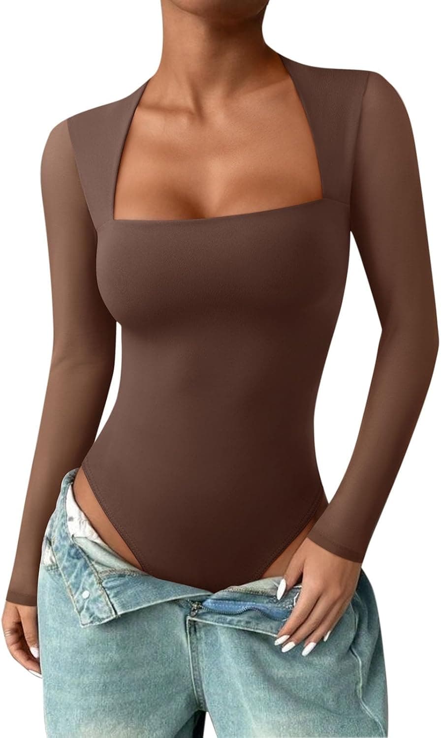 PINKMSTYLE Womens Square Neck Mesh Long Sleeve Bodysuit Going Out Tops Date Night Outfit 2025