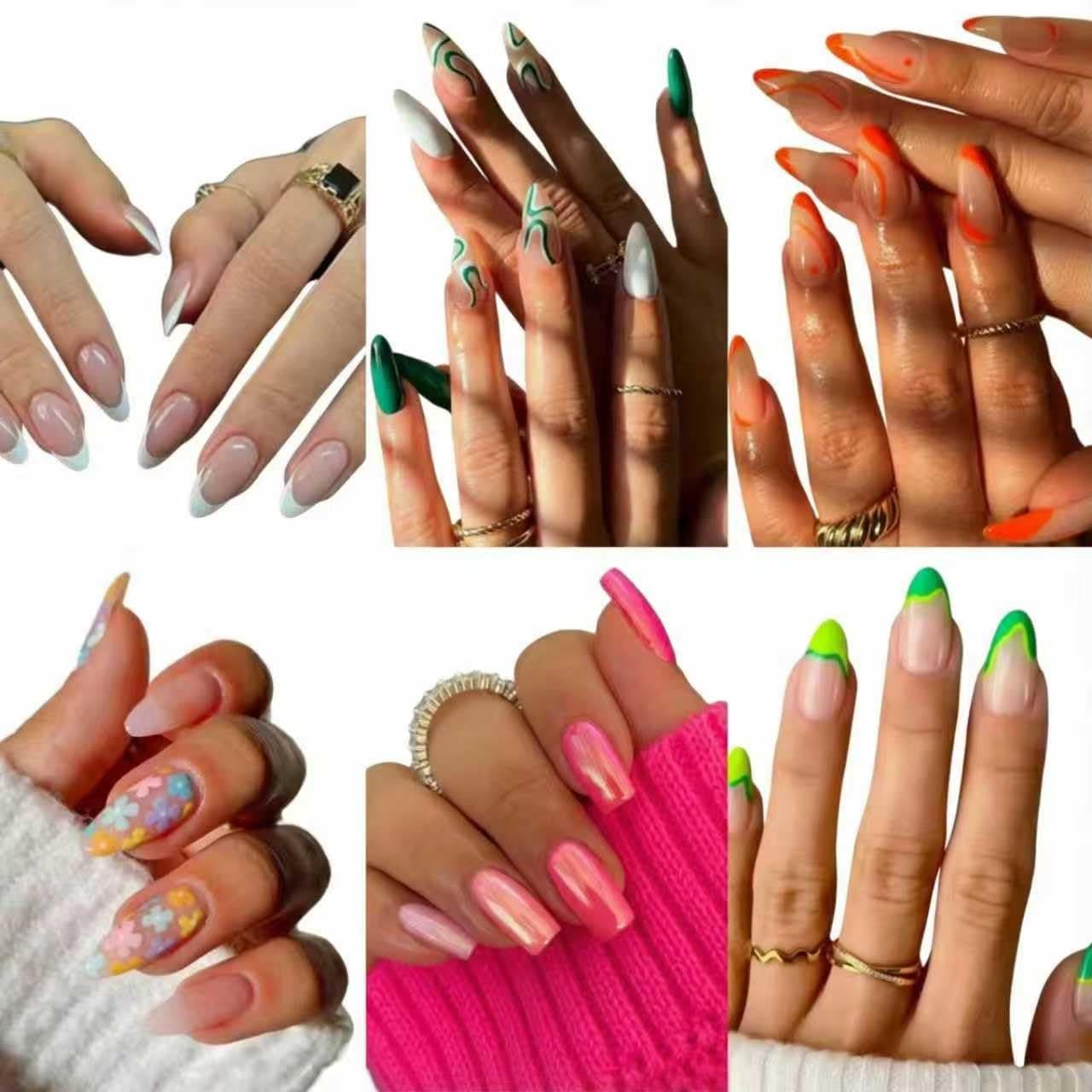 Press On Nails Almond 6 Packs (144 Pcs)，Fake Nail Sets Square False Nails with Designs Pink White Orange Green Stick On Nails Acrylic Nails for Women and Girls