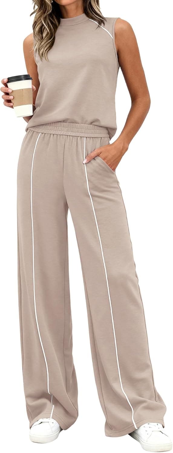 BTFBM Two Piece Sets for Women Summer Outfits 2026 Lounge Sets Mock Neck Tops Wide Leg Pants Travel Fashion Clothing - image 1