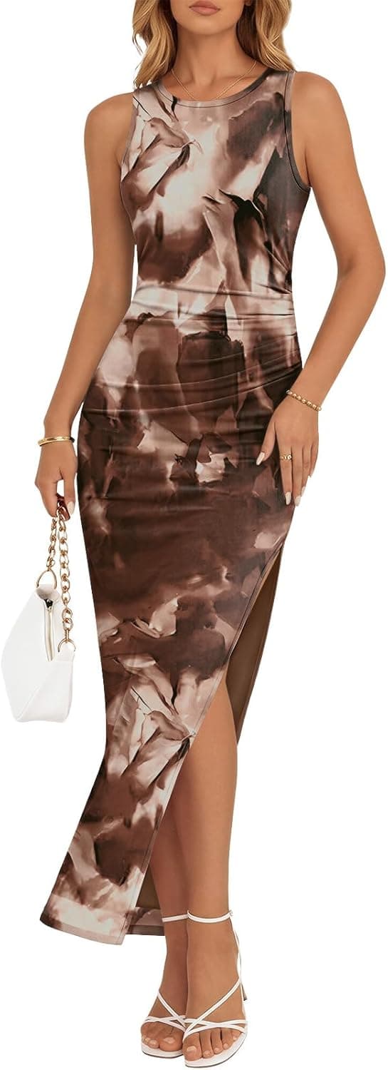 Trendy Queen Bodycon Maxi Dress Womens Sleeveless Floral Print Fitted Party Club Ruched Dresses with Side Slit
