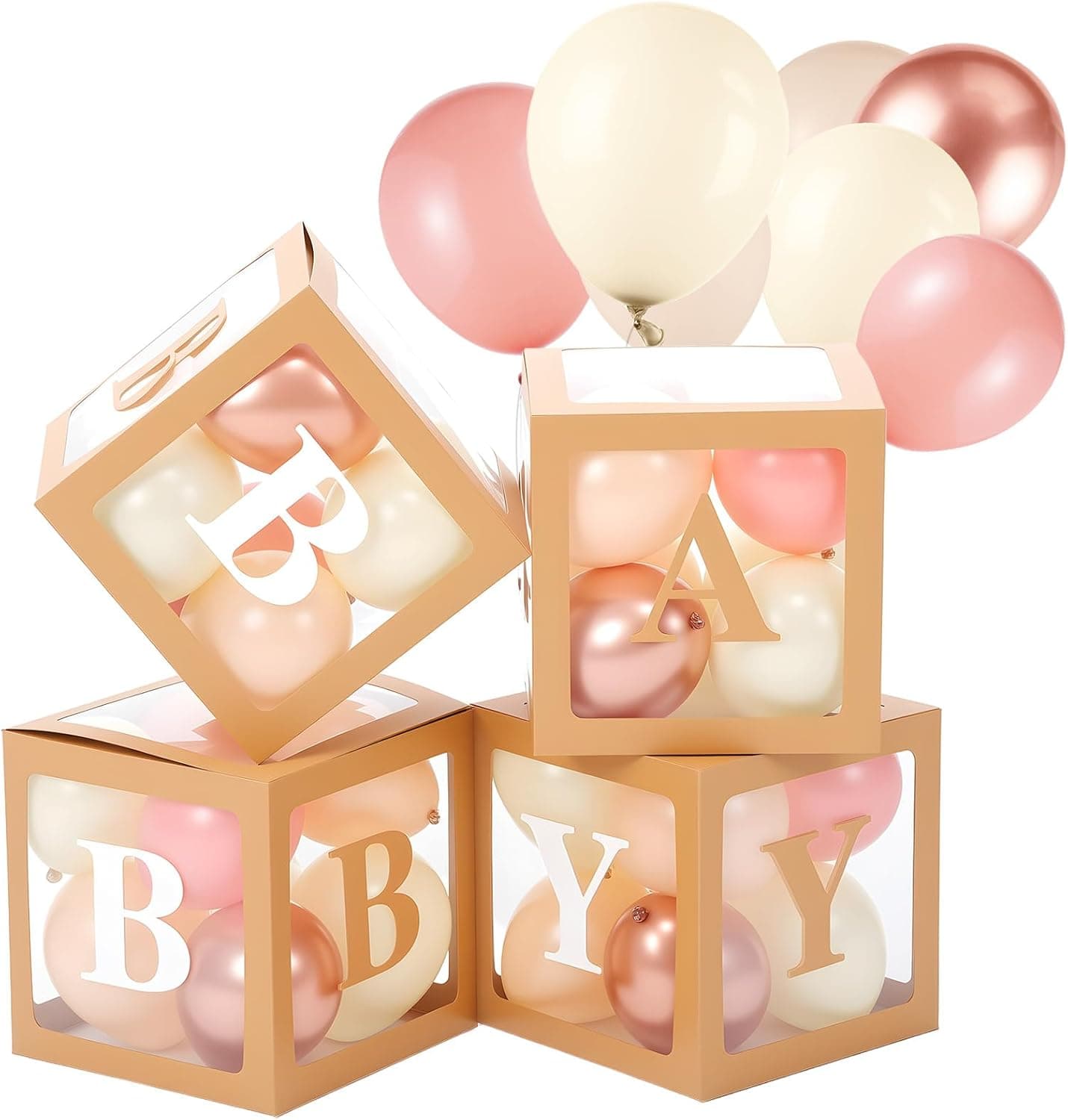 Zhanmai Baby Boxes for Bear Baby Shower Decoration with 4 Letters 36 Balloons 4 Transparent Clear Balloon Box Blocks for Boy Girl Gender Reveal Party Favors (Rose Gold,Pink,Apricot,Ivory)