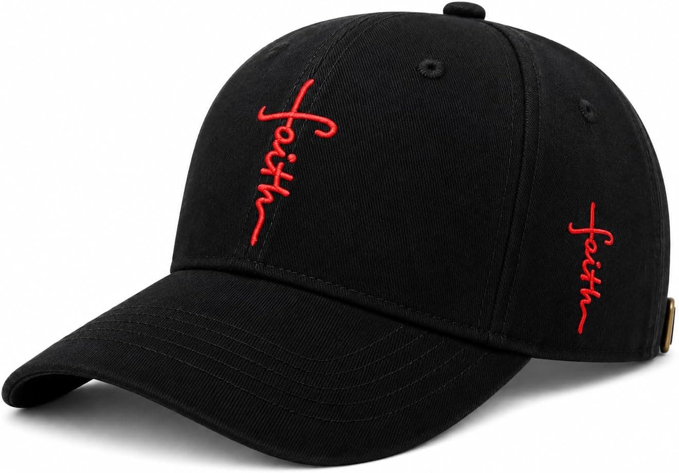 Christian Baseball Cap Embroidered Faith Cross Hat Adjustable Structured Front Panel Thick Raised Stitching