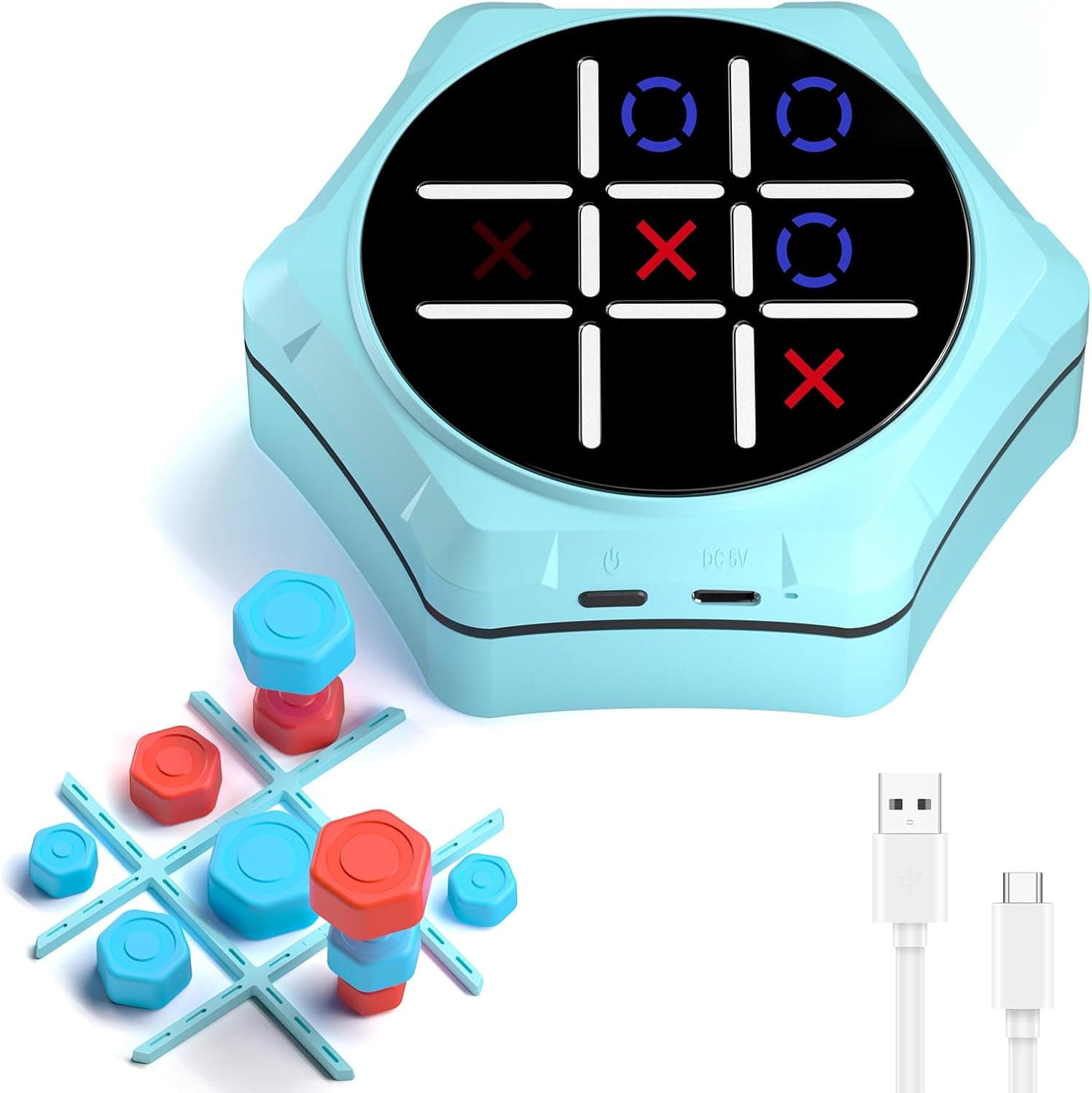 Electronic Tic Tac Toe Game, 5-in-1 Electric Tic Tac Toe with Mute & Rechargeable - Handheld Travel Board Game for Kids Ages 4+, Adults, Family - Educational Learning Toy for Boys Girls