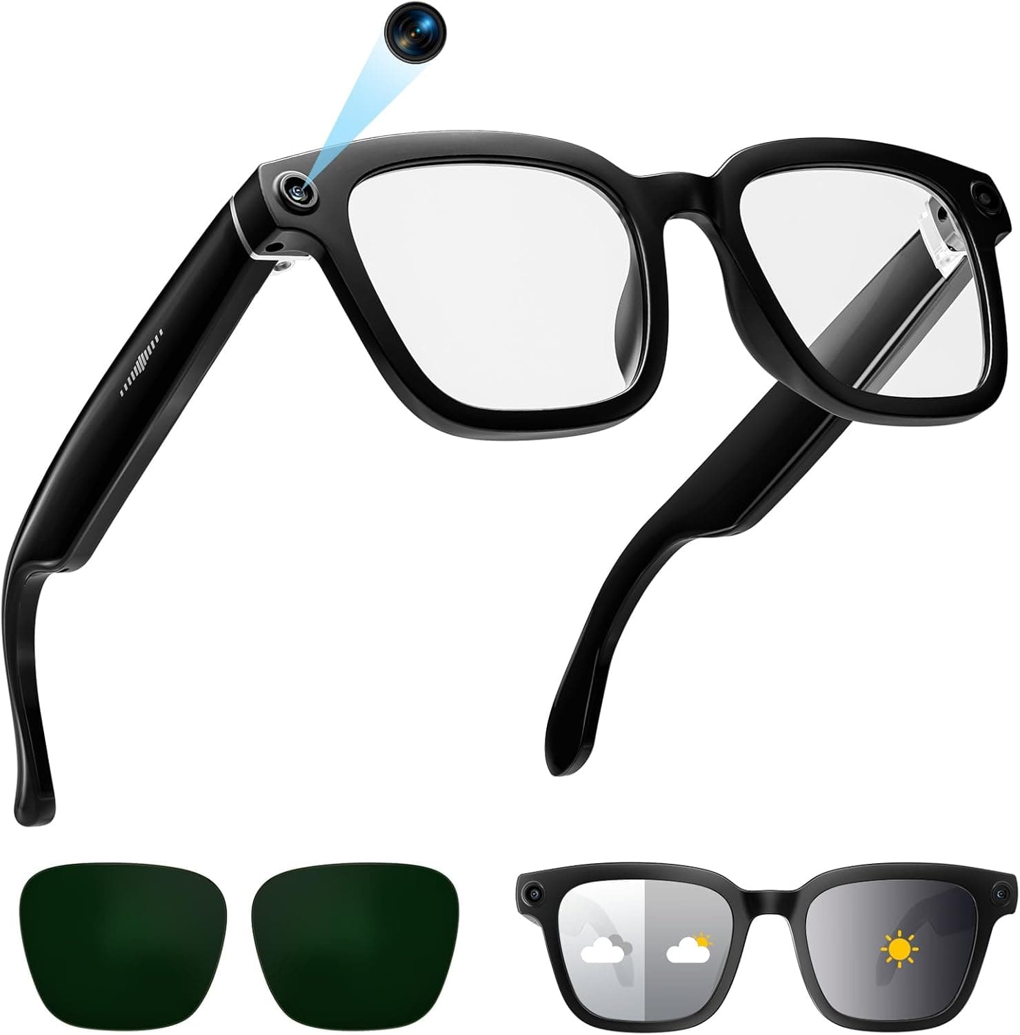 Smart Glasses with Camera, 1080P Video Recording Glasses for Life | 165 Languages Real Time Translation, AI Voice Assistant, Open-Ear Audio,Sunglasses with Color-Changing Clear&Green Lenses