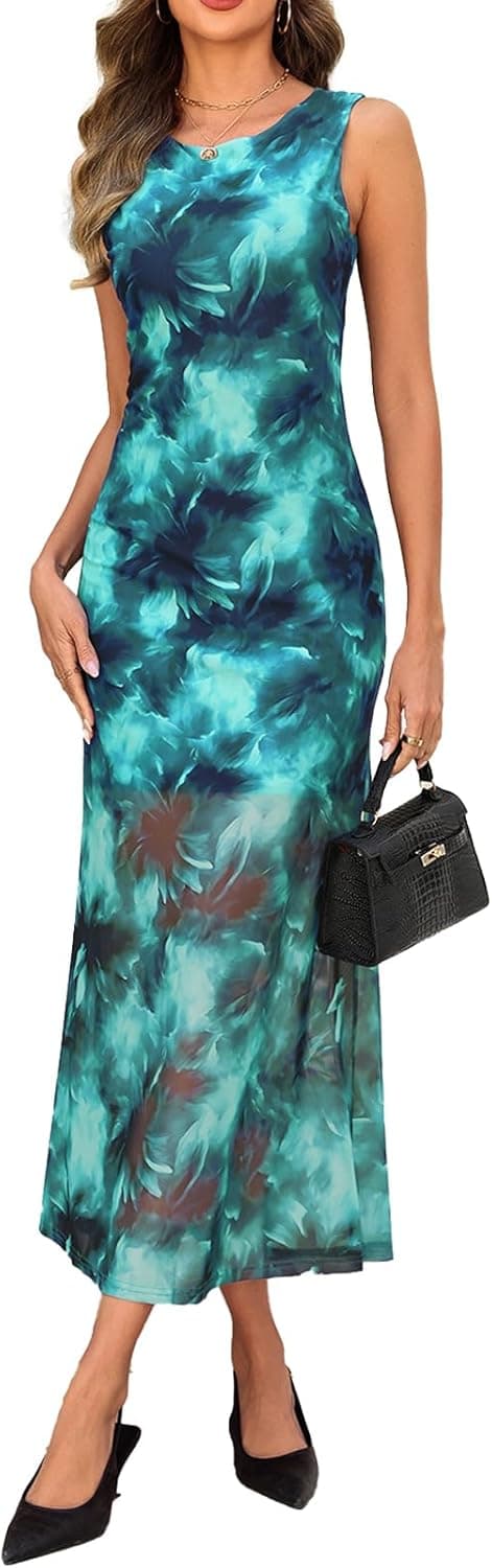 Bluetime Women's Floral Mesh Maxi Dress - Summer Bodycon Cocktail Guest Dress - image 1