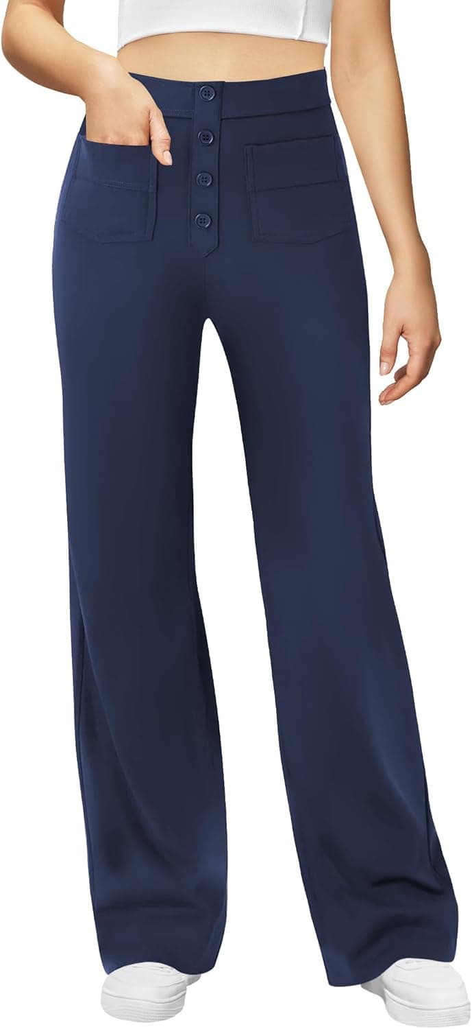 Women's High Waisted Button Multiple Pockets Work Pants, Straight Leg Casual Stretchy Business Trousers - image 1
