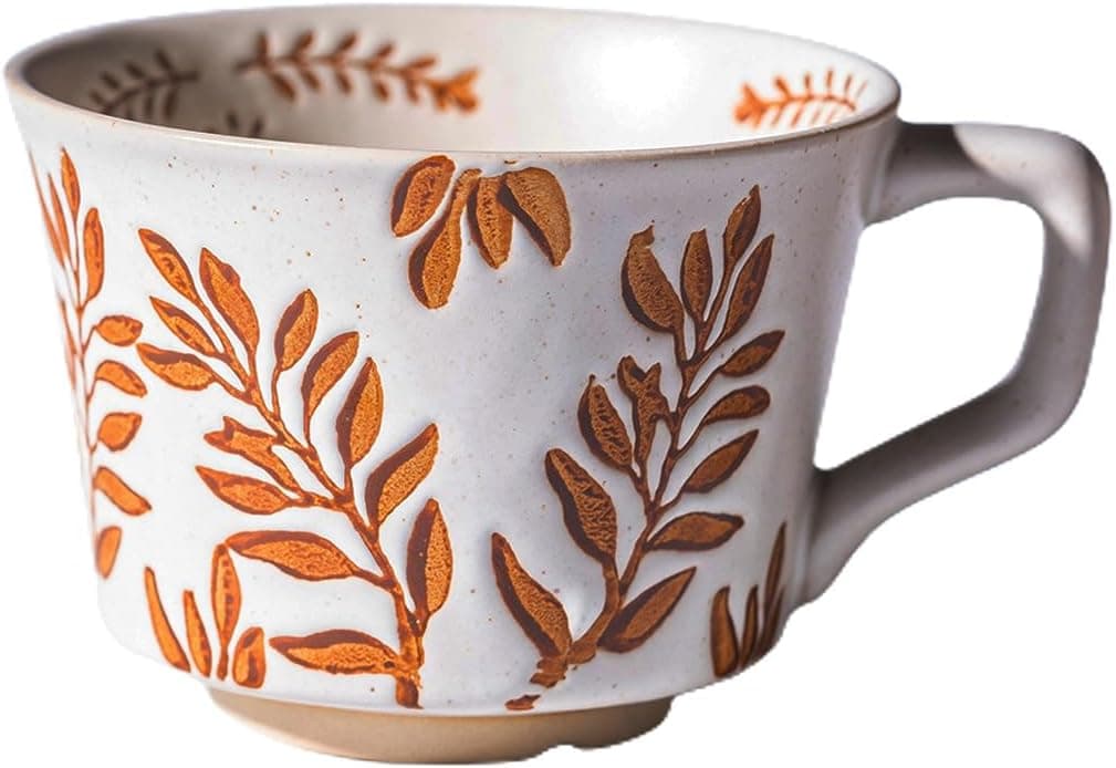 Handmade Ceramic Mugs, 12 oz Coffee Cups, Tea Mugs, Farmhouser Mug, Luxurious Cups for Office Home Microwavable, Porcelain Coffee Cups With Handle - Modern, Boho, Unique Style Wisteria Leaves