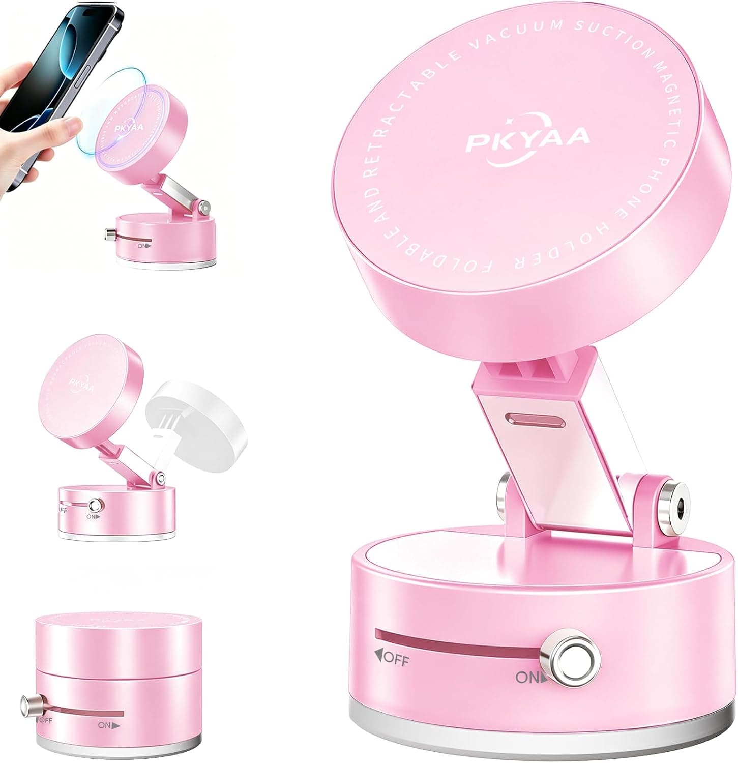 2026 Upgraded Foldable and Retractable Magnetic Mount, Vacuum Suction Magnetic Phone Holder, A Movable Vacuum Suction Cup Car Phone Stand for Cars/Gyms/Mirrors/Smooth Surface (Pink)