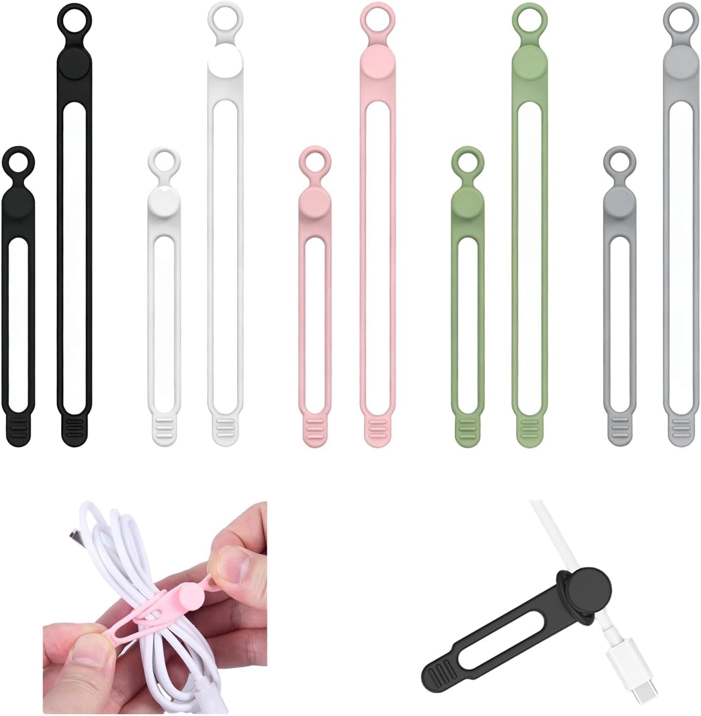 10Pcs Silicone Cable Ties Cable Straps Cord Organizer Computer Cords Phone Charger Reusable Management Wear-resistant Multipurpose Elastic Anti-Tangle for Fastening and Bundling (5 Colors)