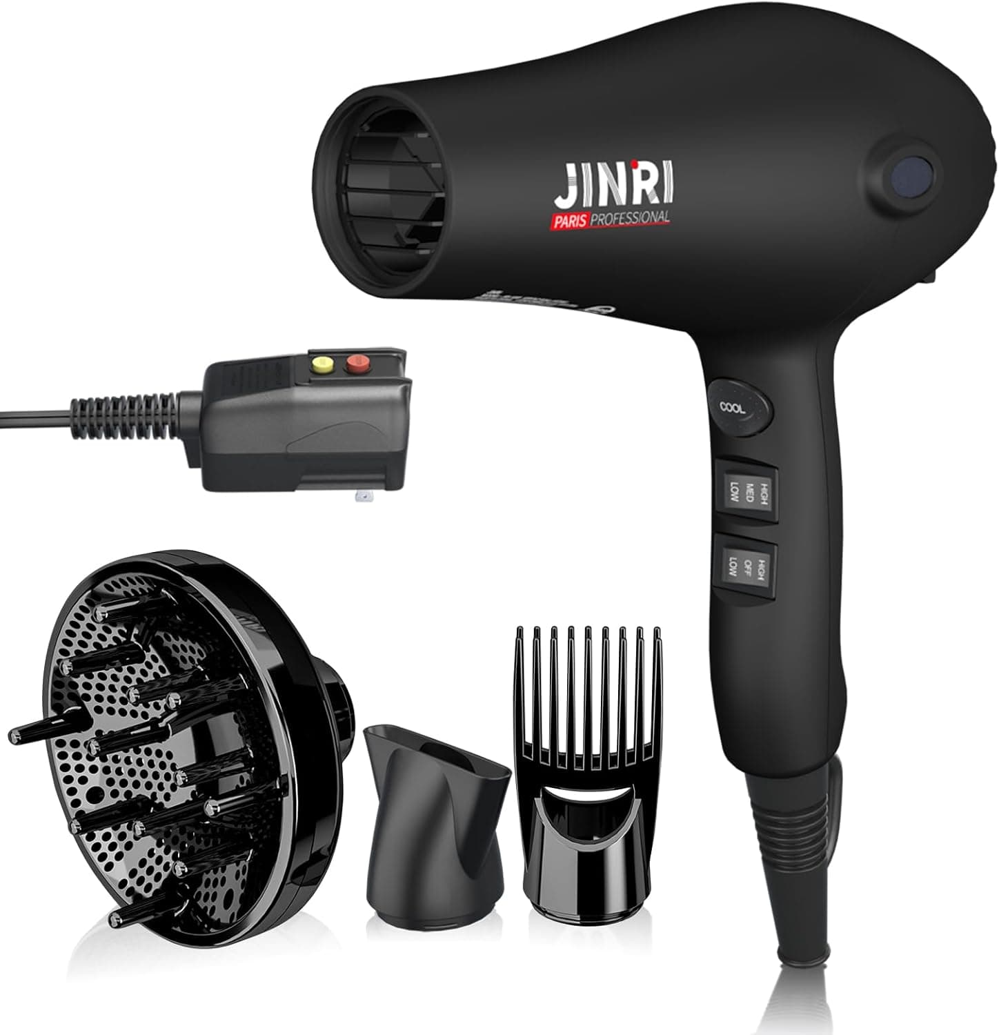 Hair Dryer - JINRI 1875W Diffuser Blow Dryer for Salon & Personal Use – Powerful, Fast Drying with Diffuser, Comb & Nozzle for Women & Men, ALCI Safety Plug, Black - image 1
