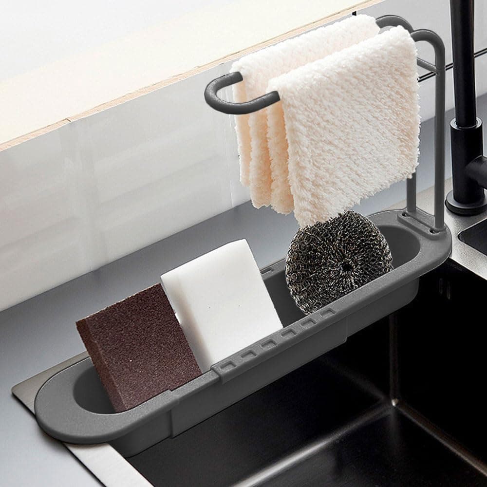 Adjustable Kitchen Sink Caddy with Towel Holder, Drain Strainer Sponge Holder with Hook for Hanging Brush, Multipurpose Dish Drying Rack in Sink, Kitchen Drainer Countertop Organizer & Storage Rack