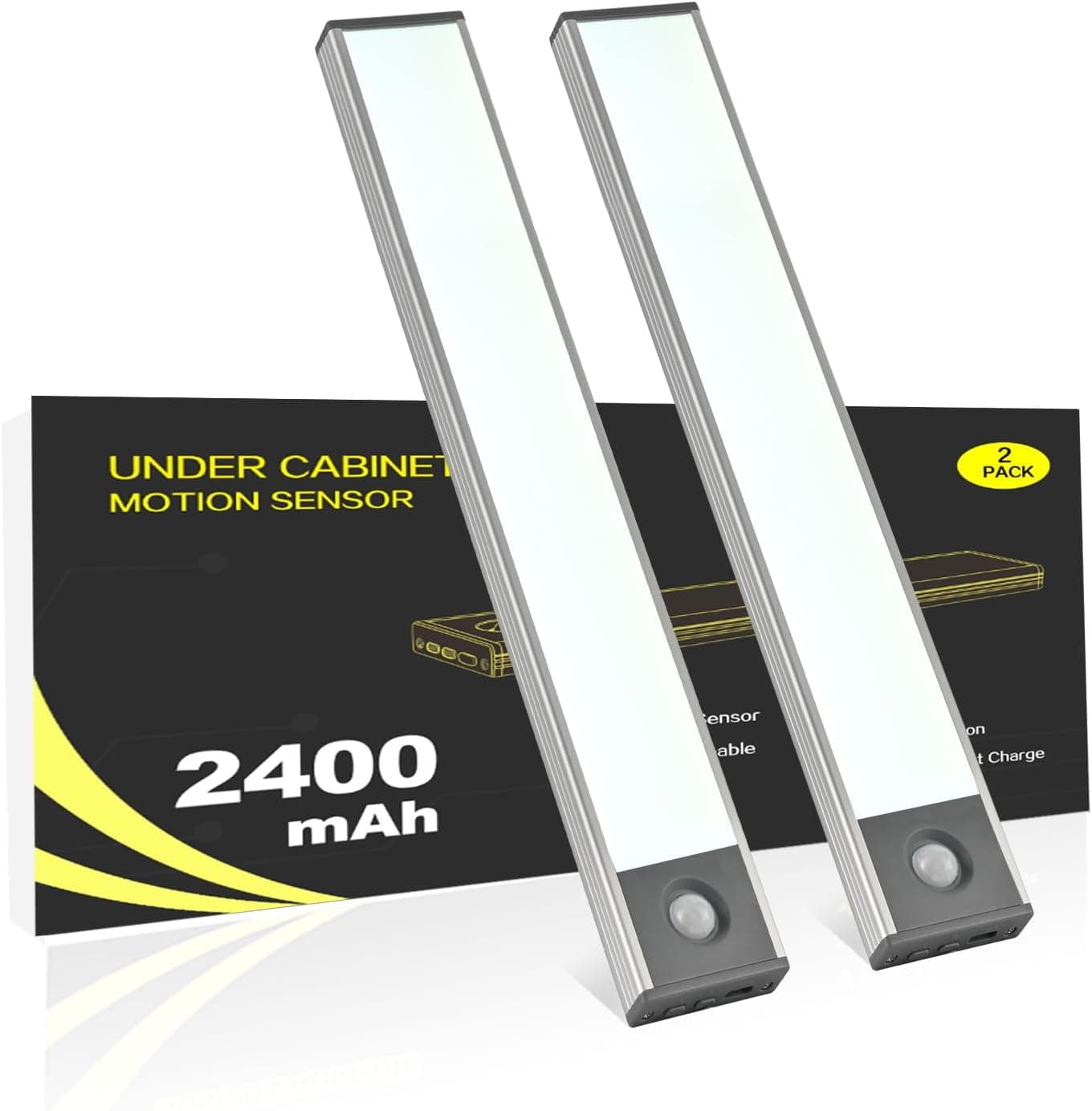 Under Cabinet Lighting, 2400mAh Rechargeable Motion Sensor Light Indoor, Cordless Closet Lights with 10s/20s Delay, Magnetic Under Counter Lights Battery Operated for Kitchen, Stairway(7.8in, 2 Pack) - image 1