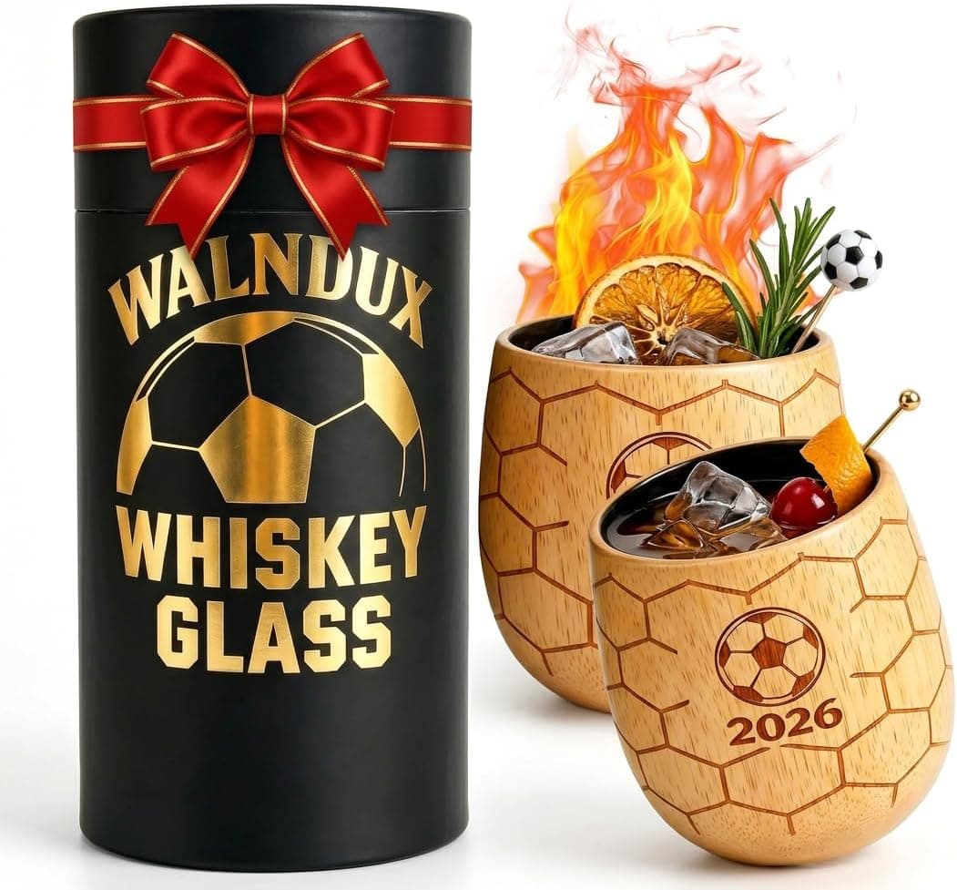 Soccer Wooden Whiskey Glass, Bourbon Gifts for Men Dad Husband, Oak Wood Old Fashioned Whiskey Tumbler, Unique Soccer Fan Gift,Father’s Day Gift,Birthday,Retirement