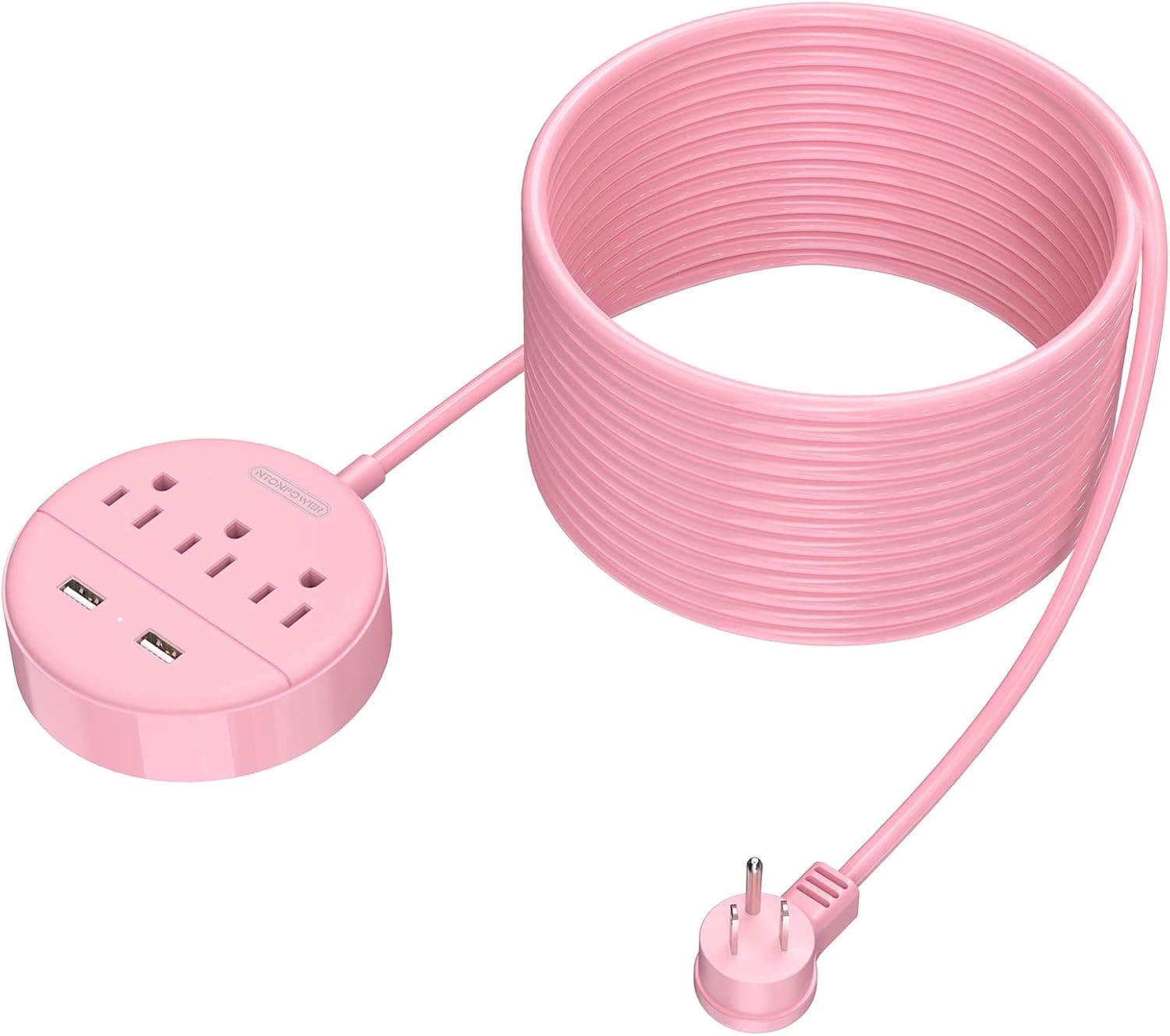 Extra Long Extension Cord 25 ft, NTONPOWER Rose Pink Flat Plug Power Strip with USB Ports, 3 Outlet 2 USB Desktop Charging Station Wall Mount for Home, Dorm Room, Office and Nightstand, ETL Listed
