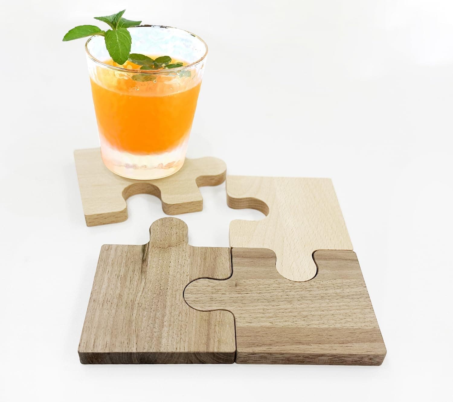 Wooden Coaster Wooden Puzzle Tea Cup Pad 4Pcs,Drink Coasters Jigsaw DIY Coasters Reusable Home Decor Cup Holder Tabletop Protection Cup Coasters for Office Desk Bar Kitchen Dining Home (Wood Coaster) - image 1
