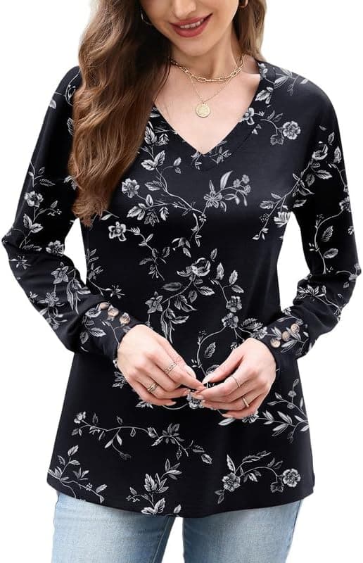 Misakia Women Long Sleeve Top V Neck Casual Shirt Loose Fit Fall Blouse Trendy Tunic Clothes 2025