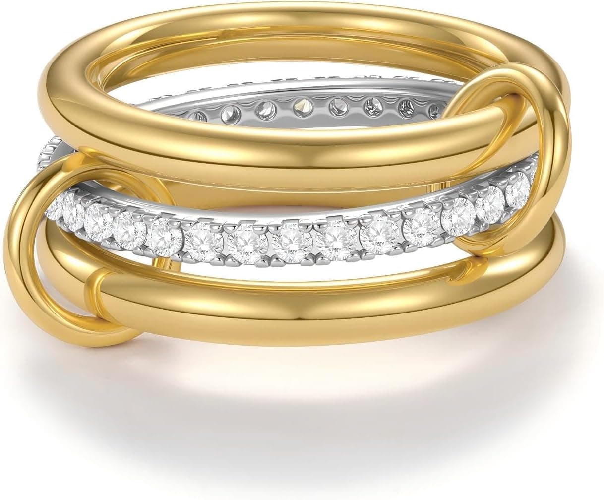 Gold Silver Stackable Rings for Women Non Tarnish, 14k Gold Plated Interlocking Stack Ring Set Chunky Cubic Zirconia CZ Multi-Link Mixed Connected Band Thumb Rings Jewelry for Gift - image 1