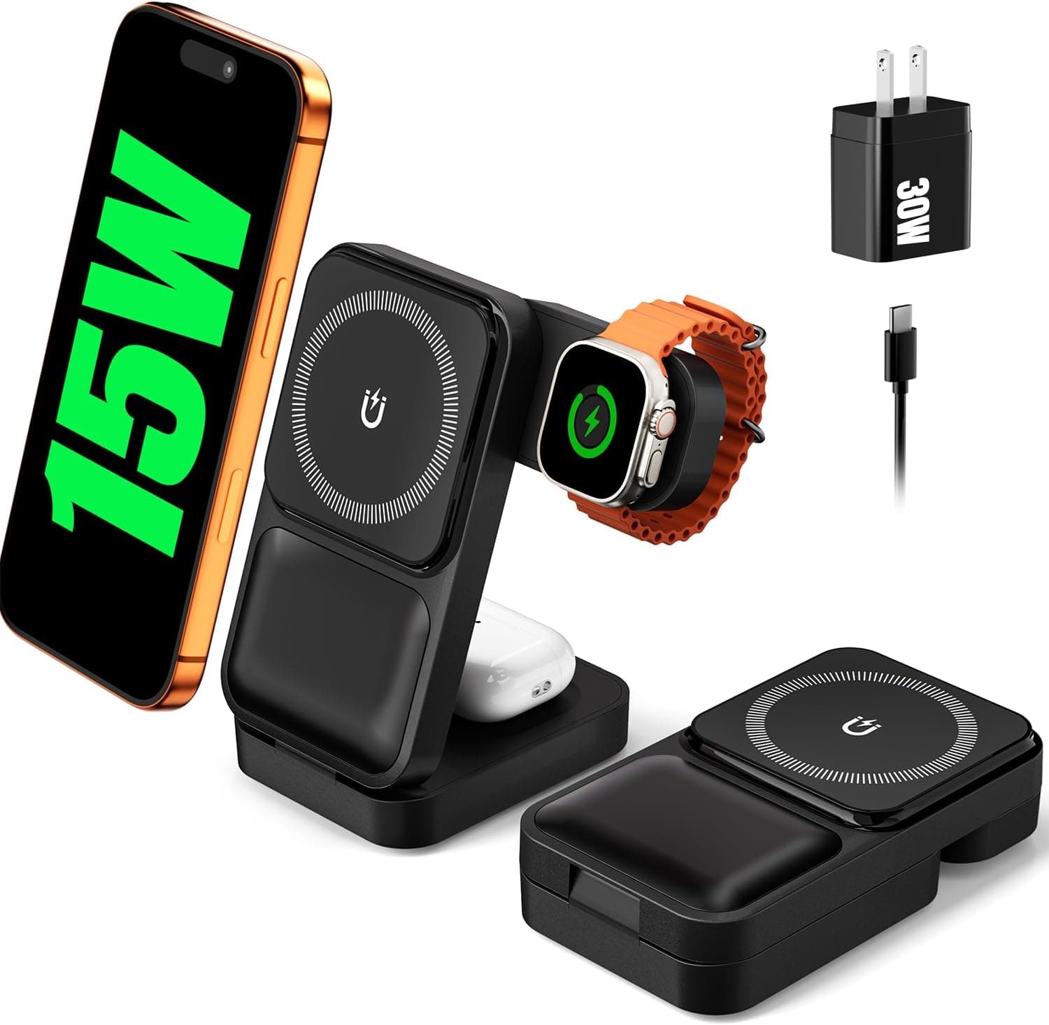 Travel Charging Station 3 in 1 for MagSafe, 15W Ultra Fast Magnetic Wireless Charger Stand for iPhone 17 16 15 Pro Max, Foldable Phone Charging Dock for Apple Watch/AirPods (with 30W Adapter) - image 1