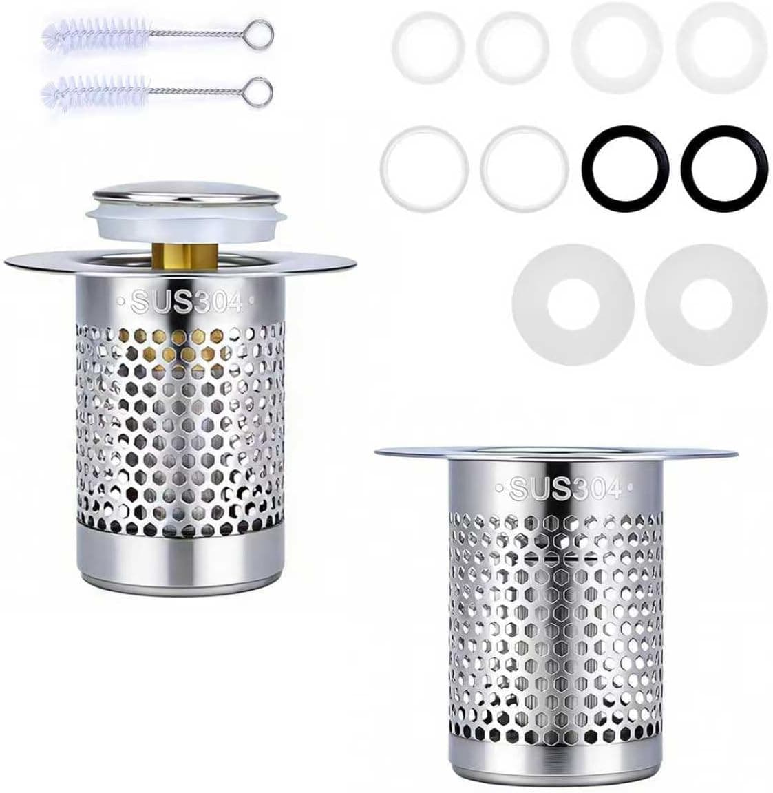 Pack of 2 Sink Plugs, 304 Stainless Steel Pop-Up Drain Strainer, Drain Plug with Strainer, 10 Sealing Rings, 2 Cleaning Brushes, Fits Various Drain Openings (34-58 mm)