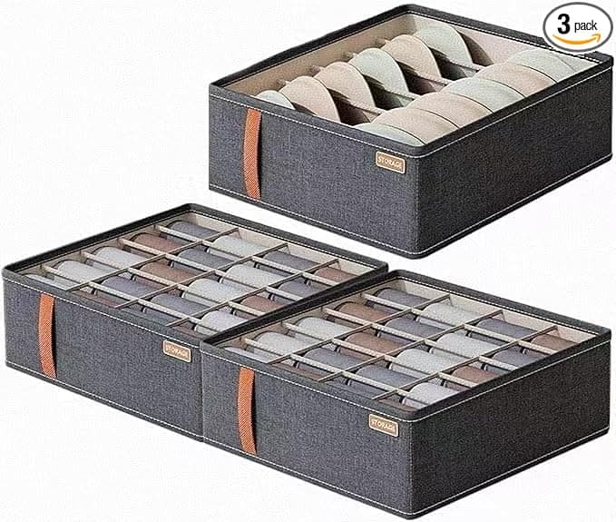3pack Wardrobe Clothes Organizer，Foldable Underwear Storage Box Fabric Storage Bin with Divider for Socks Bra Clothes Underwear Organizer Drawer Multifunctional Household Box (Dark gray)