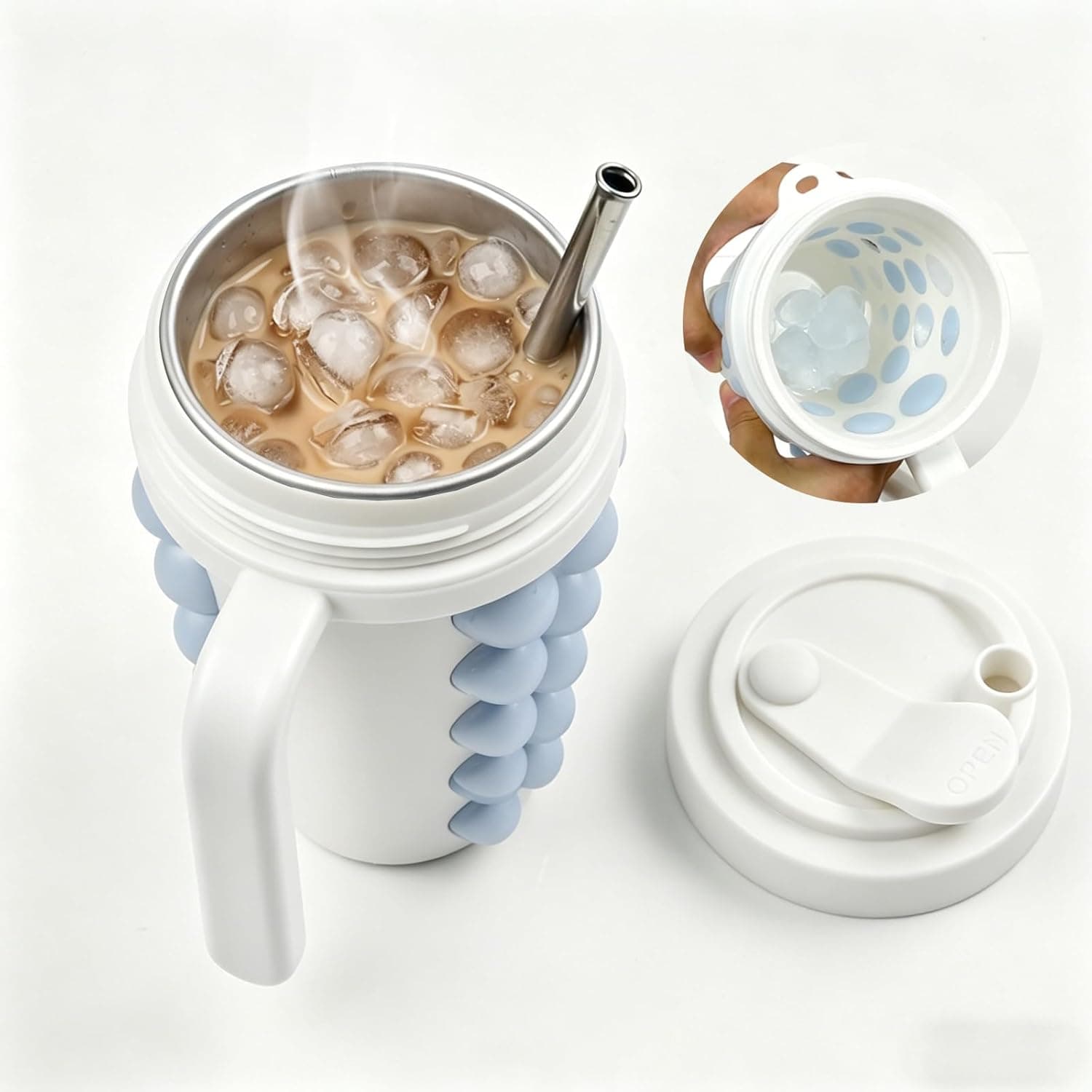 2-in-1 Ice Maker Cup with Handle, 304 Stainless Steel Insulated Tumbler & Squeeze Ice Cube Mold, Includes Retractable Straw & Leak Proof Lid, Portable Bottle Chiller for Iced Coffee, Camping, Office