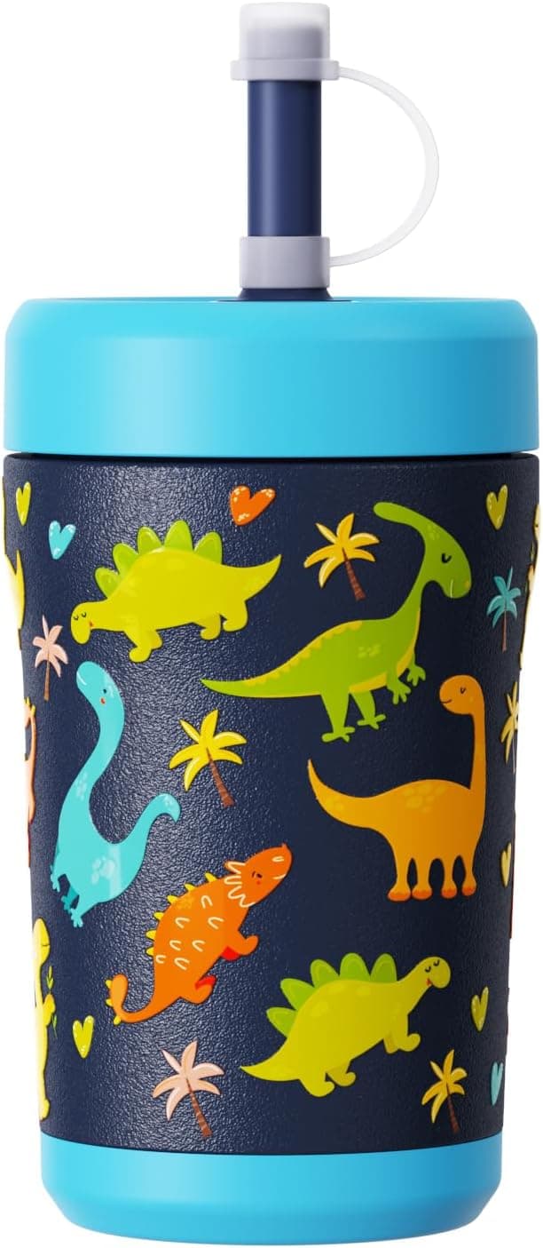 Sursip Toddler Kids Insulated Tumbler with Straw and Lid, 12 oz Vacuum Stainless Steel Sippy Cup Spill Proof with Transparent Visible Lid, BPA Free & Dishwasher Safe - Dinosaur - image 1