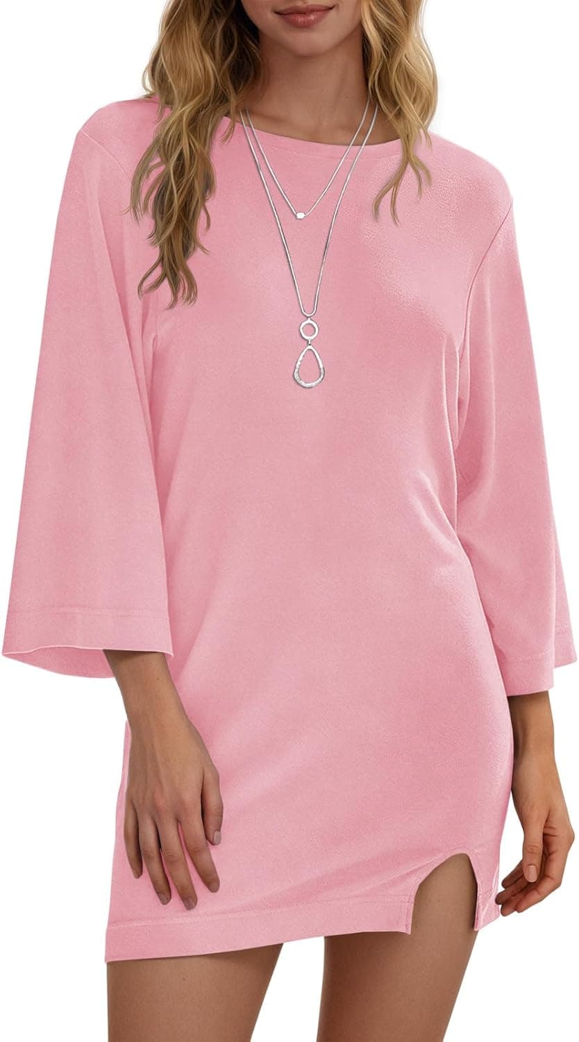 Wenrine Womens Summer T Shirt Dress Casual 3/4 Sleeve Crewneck Slit Loose Shift Mini Dresses