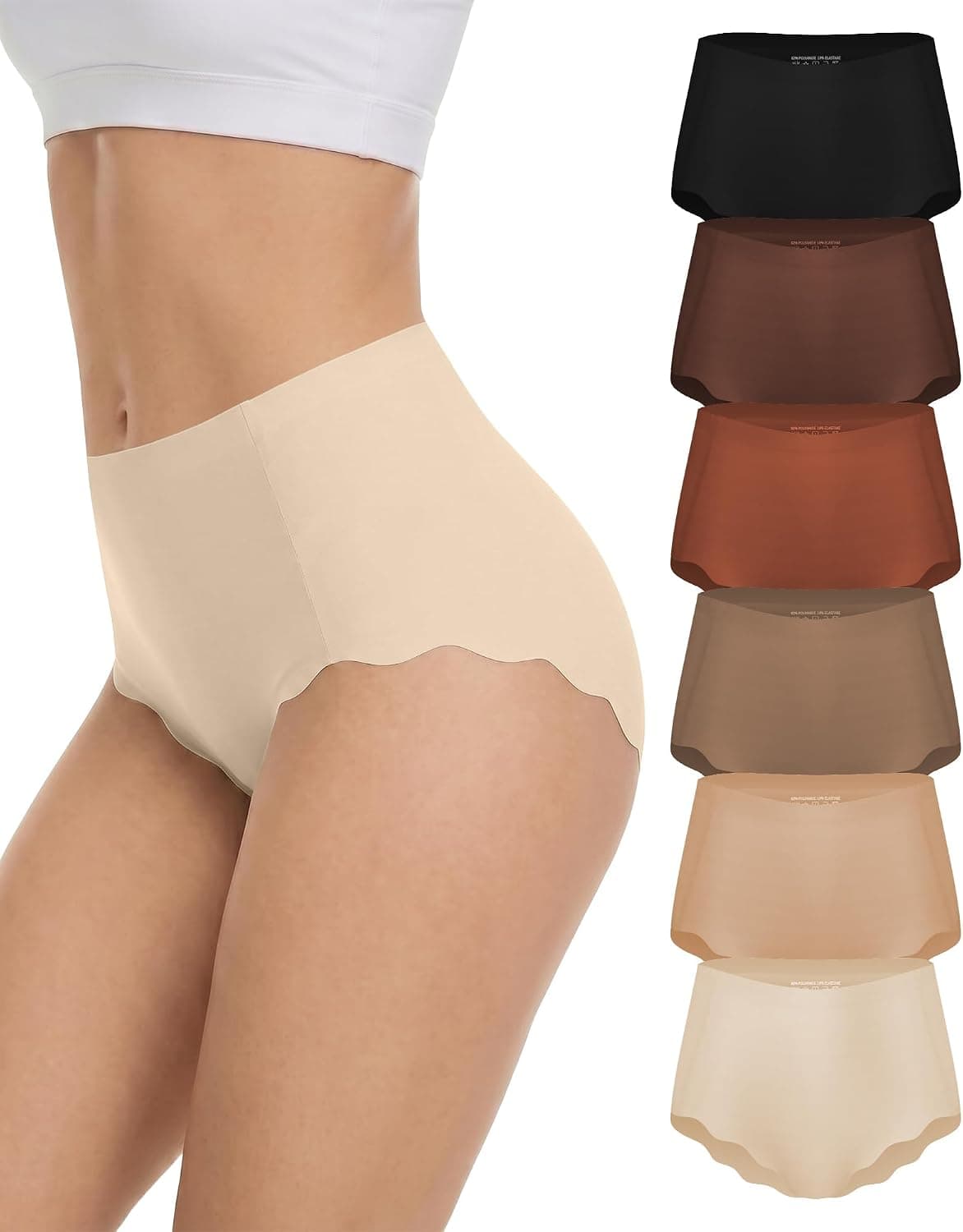 Seamless Underwear for Women High Waisted Stretch Panties 6 Pack | Full Coverage, Gently Tummy Control, High Rise, No Show, Silky Soft, Moisture Wicking, Scalloped Edge, Fit Your Curves