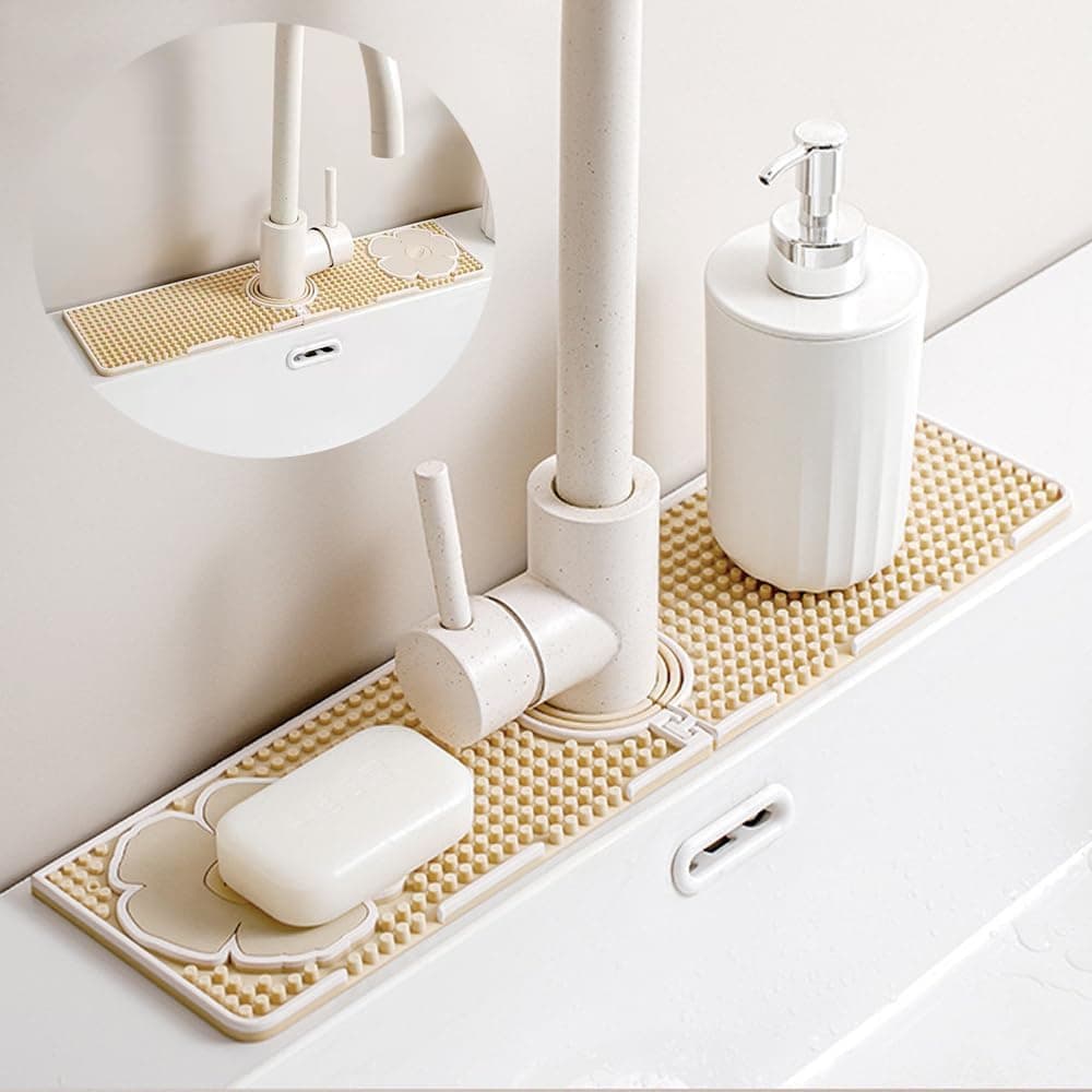 Faucet Mat for Kitchen Sink Splash Guard, 15 Inch Long Faucet Draining Mat, Detachable Kitchen Sink Faucet Mat with Adjustable Tube Holes, Soap Sponge Holder Faucet Handle Drip Catcher Tray Mat