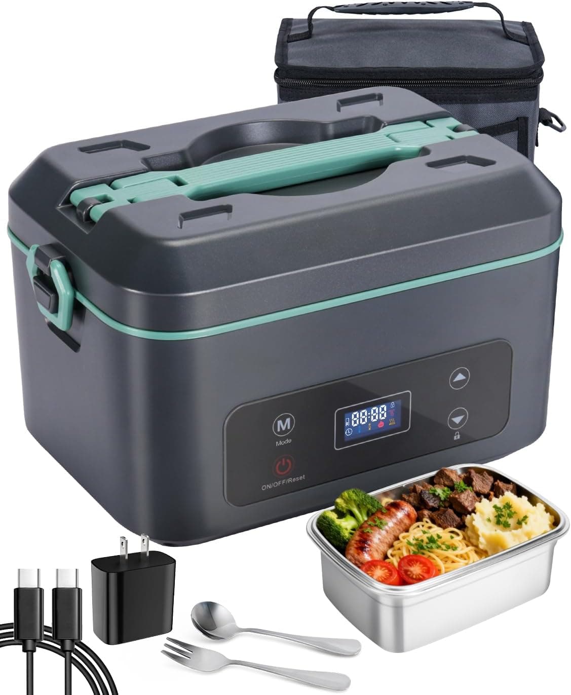 SKEOS Cordless Electric Lunch Box for Adults, Heated Lunch Box Battery Powered with 5 Side Heating, Portable Food Warmer with 5.5 Cups Removable Container, Self-Heating Food Warmer for Work,GreyGreen - image 1