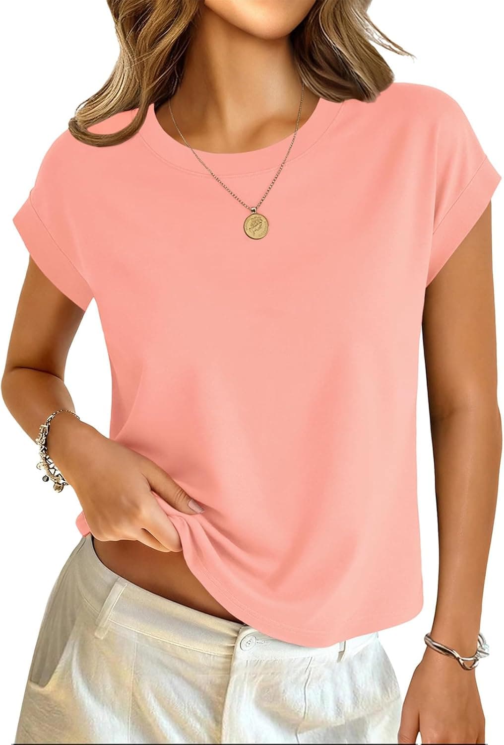 GKBK Cotton Cap Sleeve Womens Tops Crop High Neck Short Sleeve Summer Cute Casual Shirts Boxy Spring Clothing Outfits