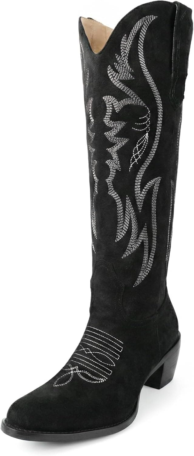 GORBINETI Women Cowboy Boots Mid Calf Cowgirl Western Boots Embroidered Suede Pull On Almond Toe Chunky Heel