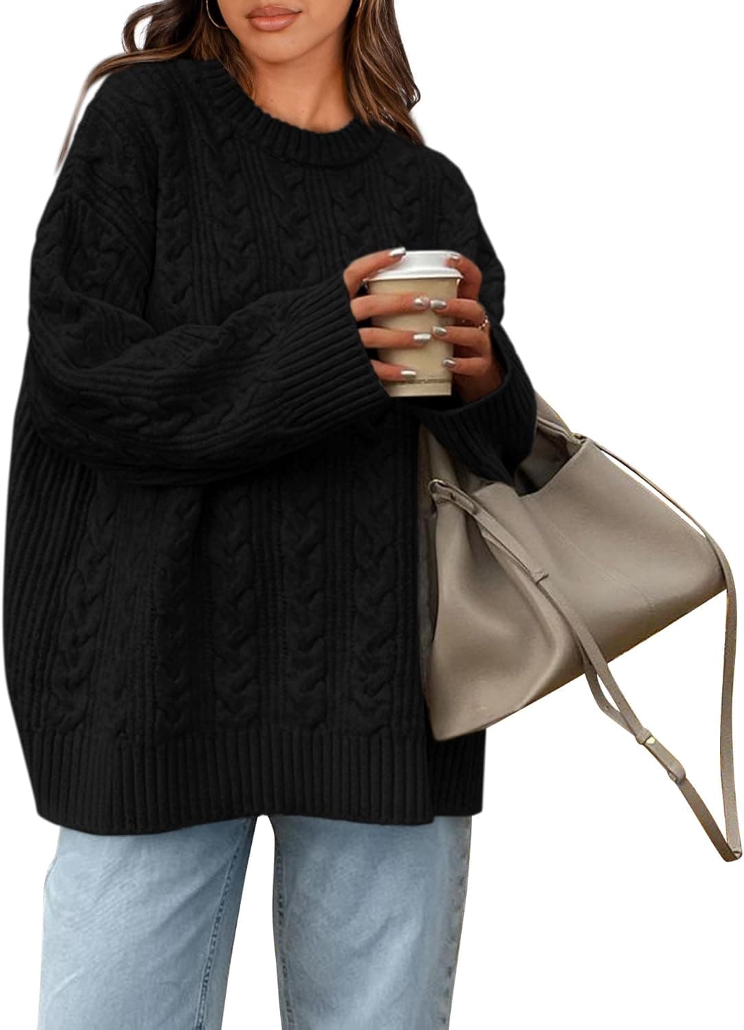Okiwam Women's Oversized Sweaters Crewneck Cable Knit Pullover Casual Loose Fall Outfits Spring Fashion Clothes 2026