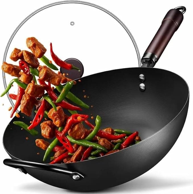 FGJ Wok, 13 Inch Carbon Steel Woks & Stir-fry Pans Nonstick | Pre-Seasoned 5.8QT Flat Bottom Chinese Wok Paella Pan with lid