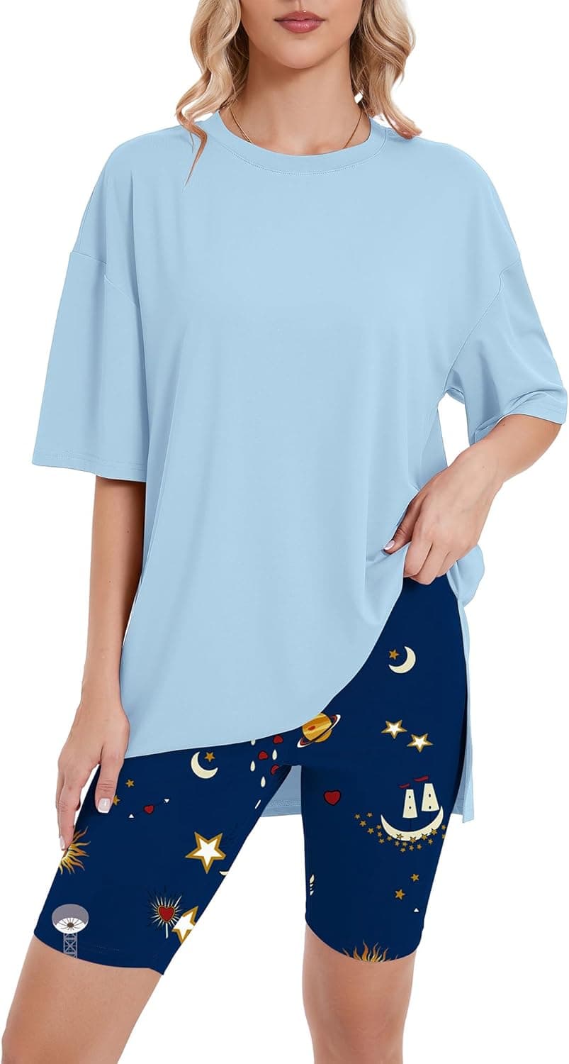 Heymoments 2 Piece Lounge Set for Women Oversized T-Shirt and Biker Shorts Pajama Set Soft Summer Pajamas Set - image 1