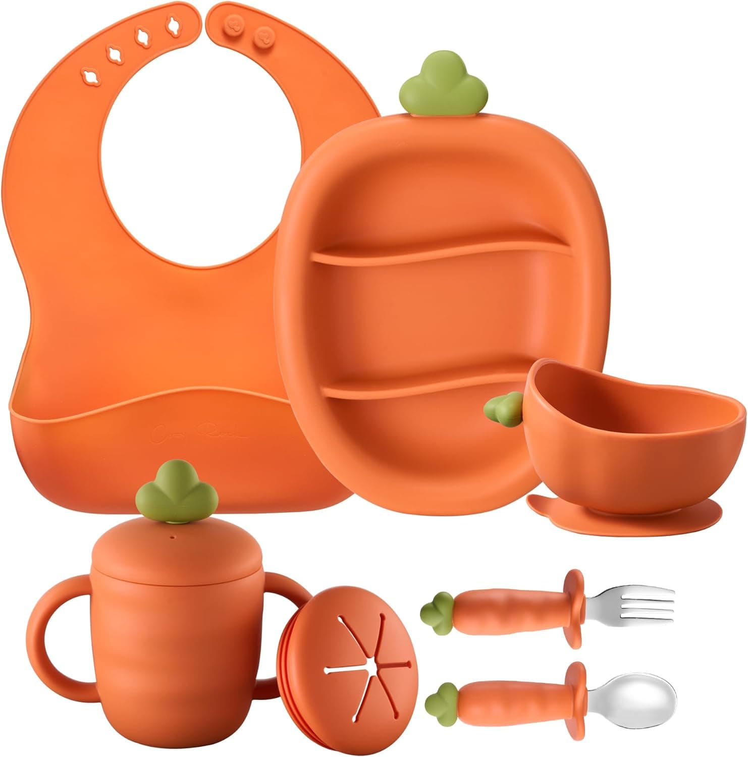 Silicone Baby Feeding Set, Carrot Design BLW Toddler Feeding Set with Suction Plate & Bowl, Bib, Fork & Spoon, 2-in-1 Straw and Snack Cup, BPA-Free Baby Tableware for Starting Solids