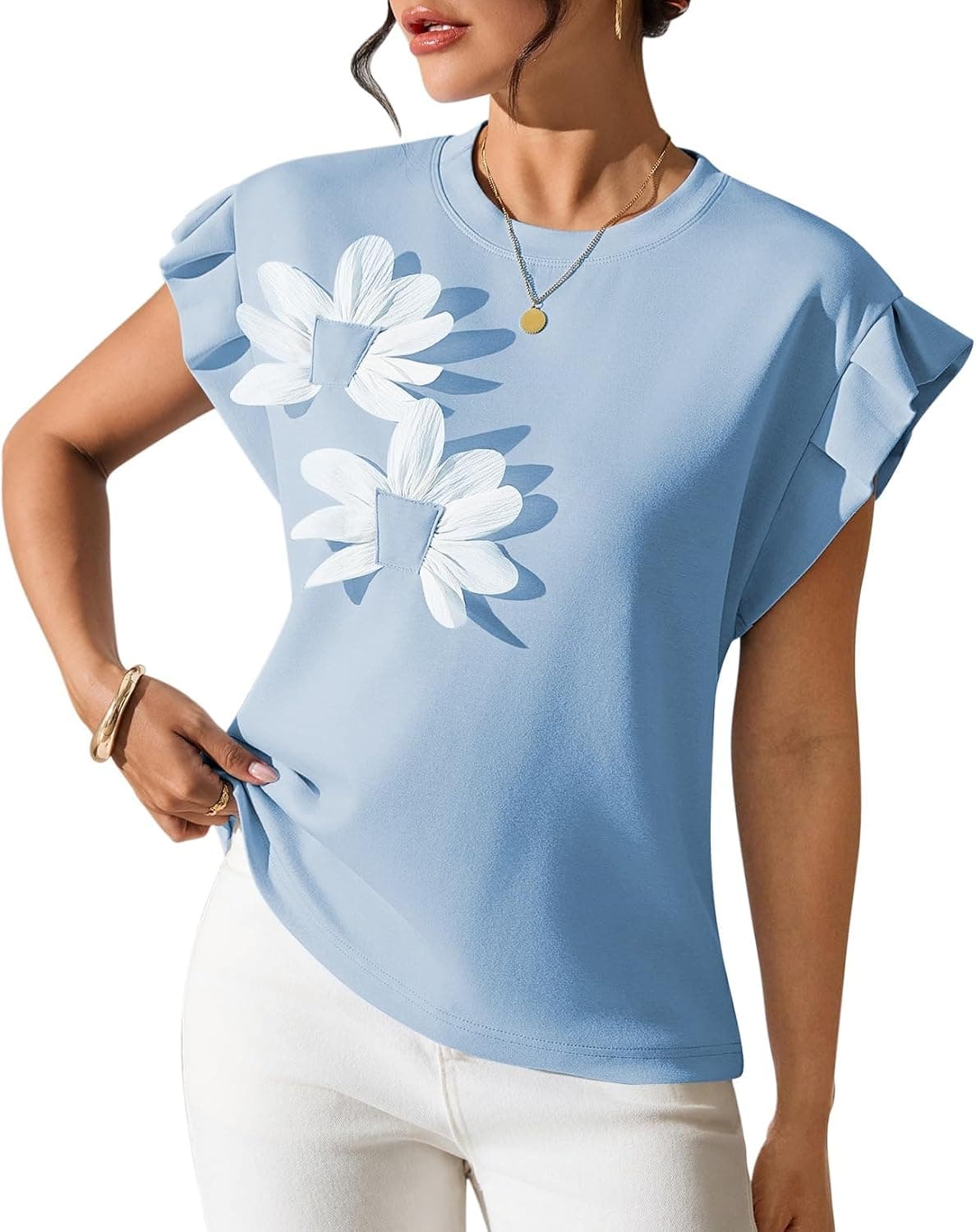 Pink Queen Womens Summer Tops 2026 Fashion Floral T Shirts Ruffle Cap Sleeve Casual Blouses
