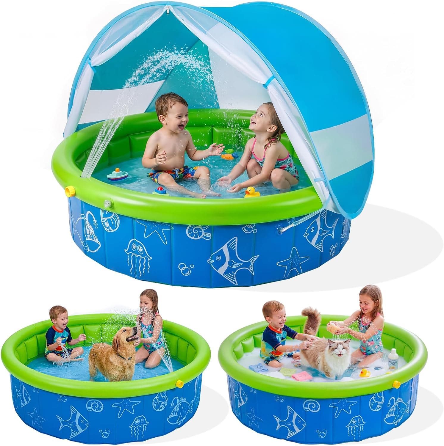 47in Kids Pool for Toddler, Foldable Kiddie Pool with Removable Canopy, Portable Baby Toddler Pool for Indoor Outdoor, Quick Setup No Tools
