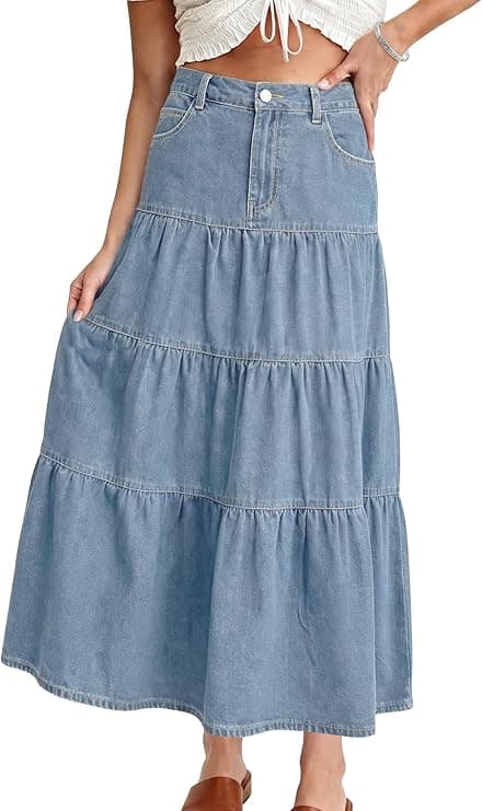 WINHORSE Women's High Waisted Long Denim Skirt – Tiered Ruffle A-Line Maxi with Pockets - image 1