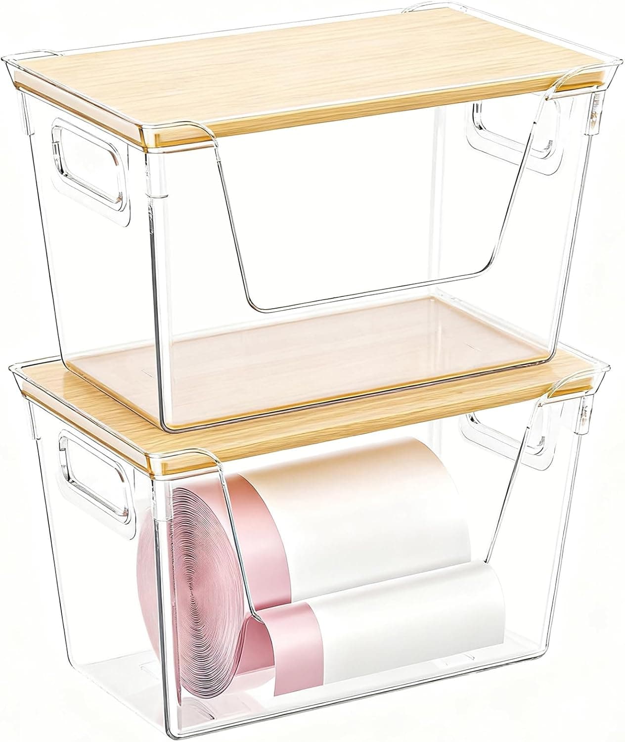 2 Pack Trash Bag Dispenser with Bamboo Lid, Stackable Trash Bag Holder, Large Clear Garbage Bag Organizer for 4-33 Gal Bags, Space-Saving Under Sink Organizer for Kitchen, Laundry, Pantry - image 1