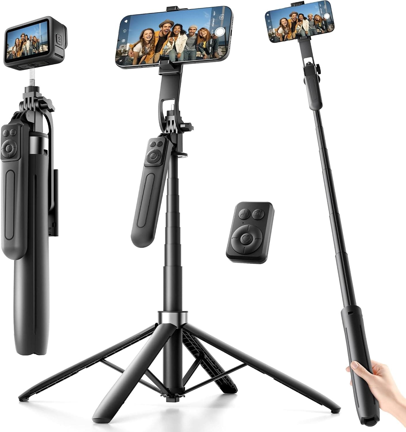 71" Phone Tripod, Tripod for iPhone & Extendable Selfie Stick with Remote, 360° Rotating Cell Phone Holder for Vlog Gym Travel and Anti-Slip Quad Base, Compatible with Phone Android Camera - image 1