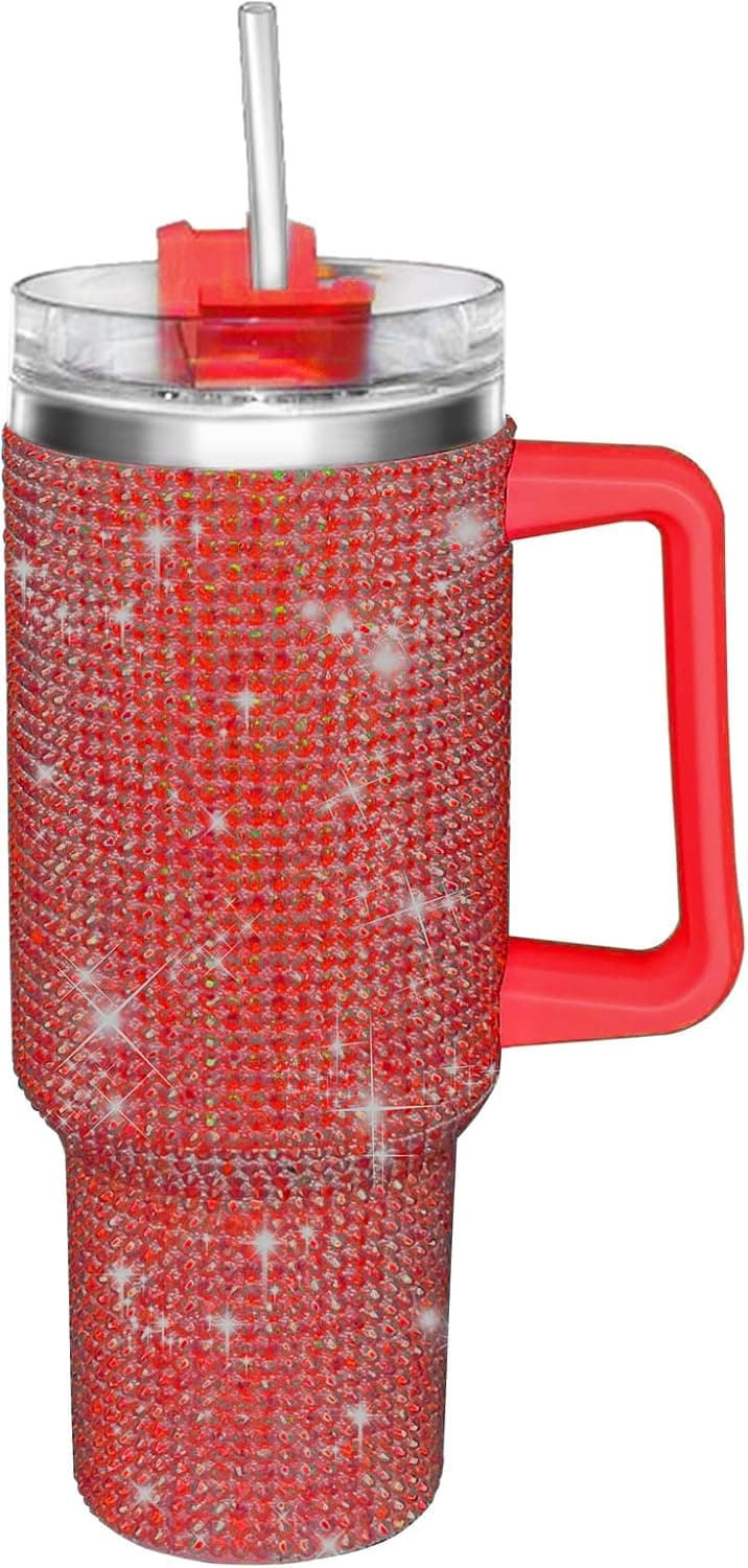 Bling Rhinestone Studded Tumbler with Top Handle, Bling Cups Stainless Steel Water Bottle Diamond Glitter Tumbler for Women - Birthday Gifts for Women, Mom,Get Well Soon Gifts (Red)