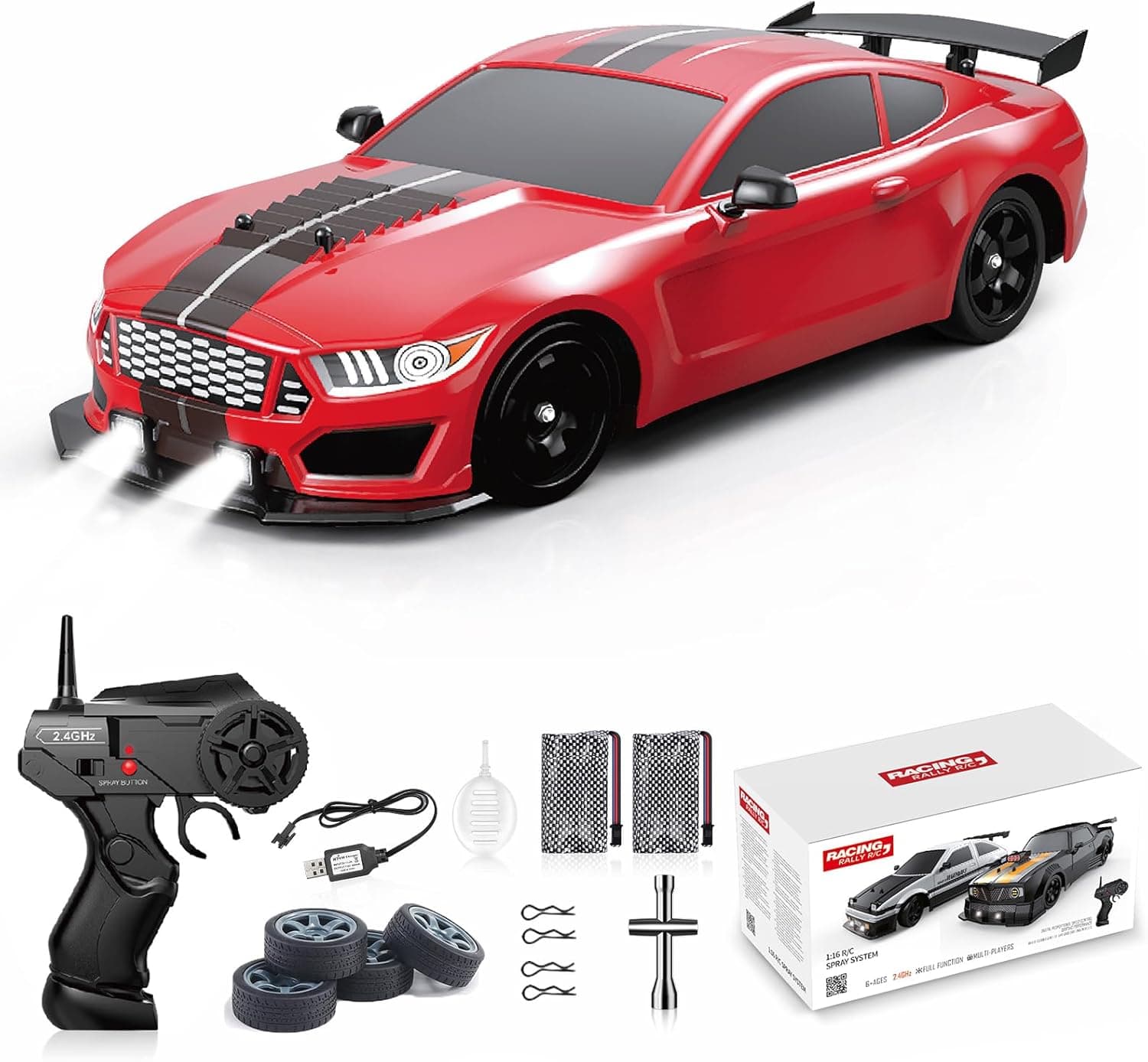 Remote Control Car RC Drift Car 1:16 Scale 4WD 18KM/H High Speed Model Vehicle 2.4GHz with LED Lights Spray Rubber Tire Racing Sport Toy for Adults Boys Girls Kids Gift 2Pcs Rechargeable Batteries