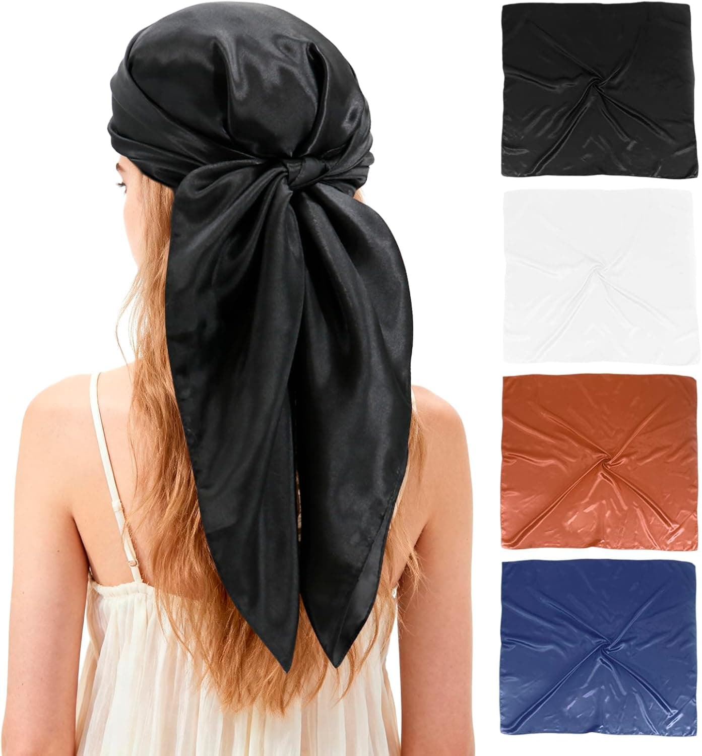 Ciormis Soild Color Satin Head Scarf, 4 Pcs 35" Large Square Hair Scarves Beach Retro Bandana Silk Feeling Headscarf Neck Scarfs for Women (Black/Coffee Brown/White/Navy Blue)
