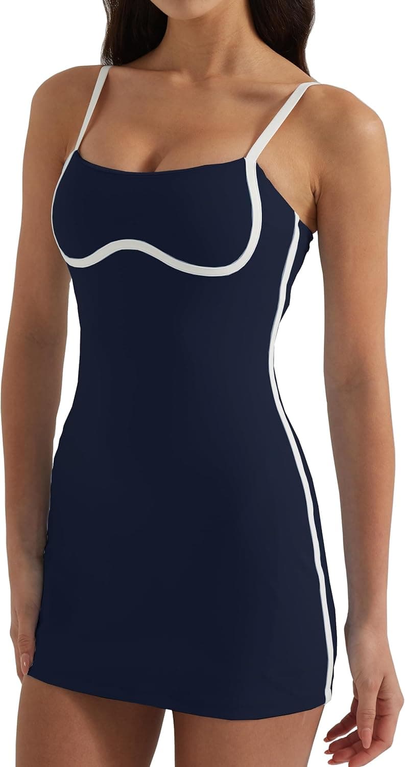 Women's Tennis Dress with Built-in Bra & Shorts Pockets, Sleeveless Adjustable Spaghetti Straps for Golf Workout