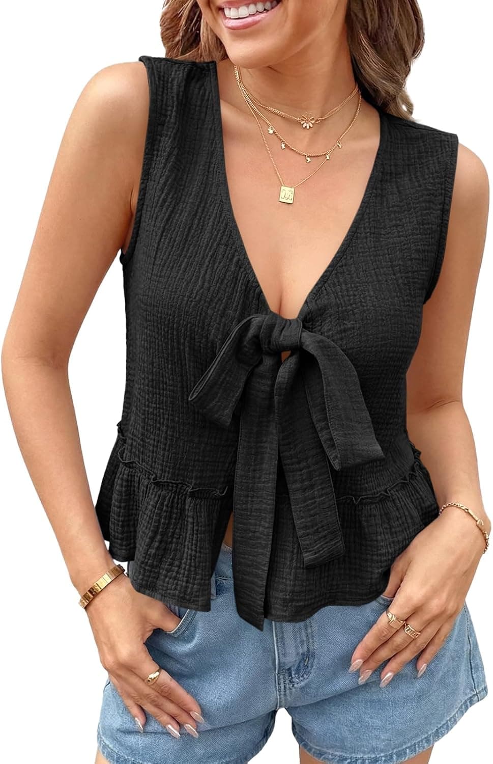 Cicy Bell Womens Babydoll Tank Tops V Neck Bow Tie Front Sleeveless Summer Shirts Sexy Peplum Flowy Flared Tops - image 1