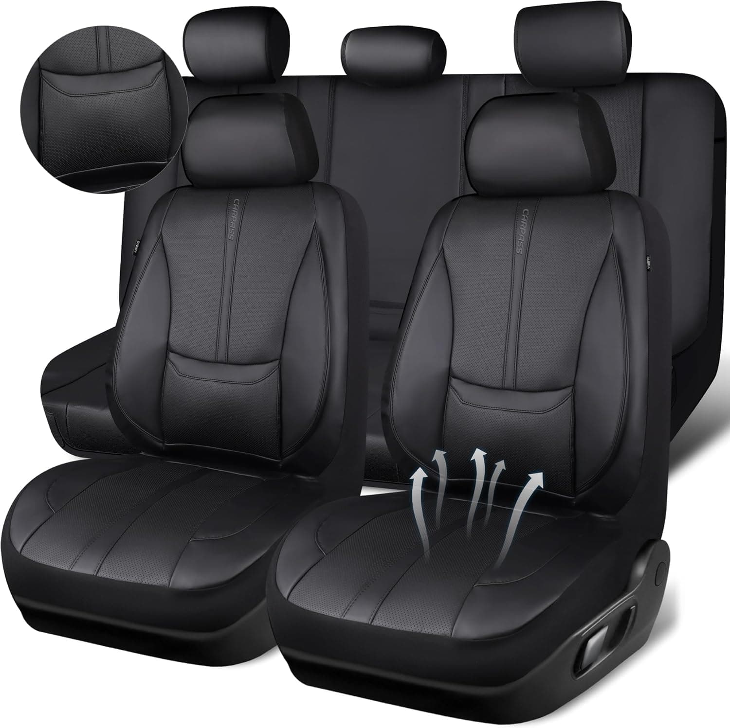 CAR PASS Nappa Leather Car Seat Covers Full Set, Water Resistant 3D Foam Faux Leather Seat Covers with Lumbar Support, Automotive Seat Covers 5 Seats Comfort & Universal Fit for Cars SUV Truck, Black