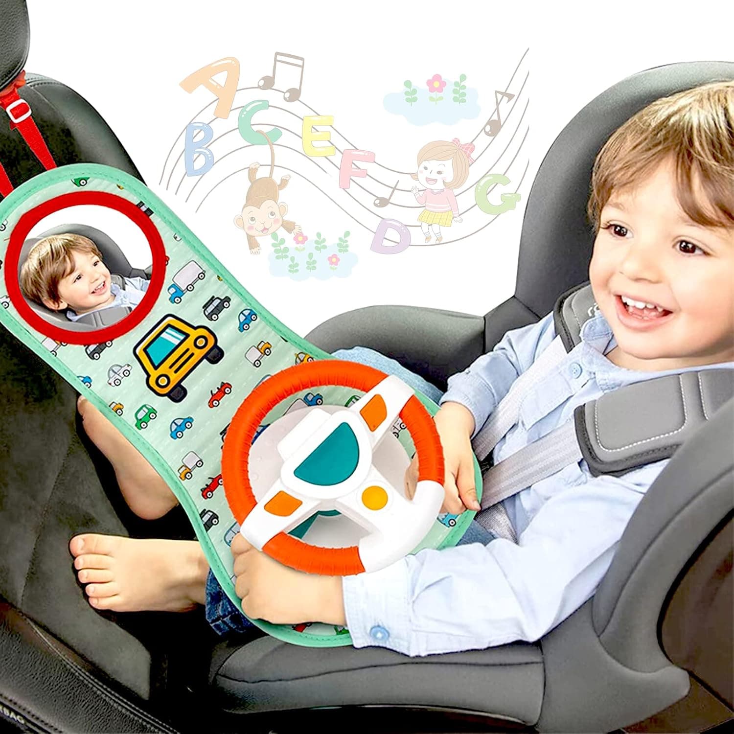 Baby Car Seat Toys for Infants with Mirror, Steering Wheel, Music Lights, Driving Sounds - 6-12 Months