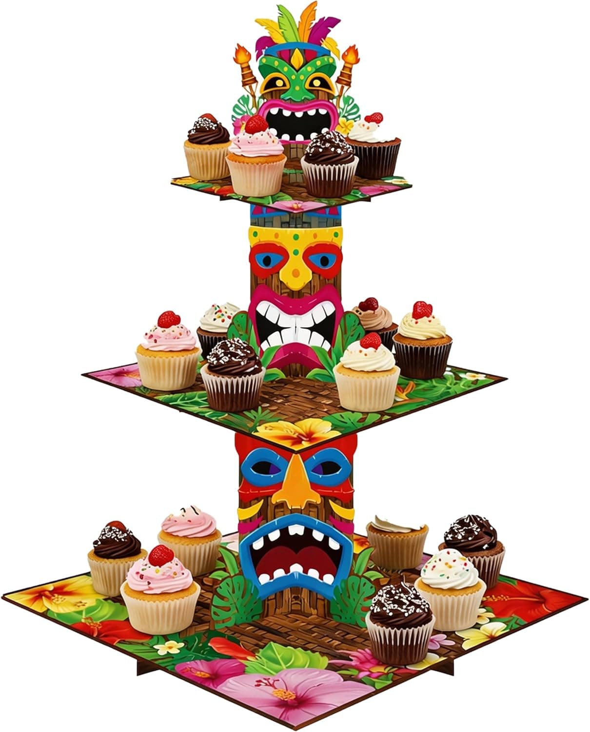 Luau Party Decorations | Hawaiian Cupcake Stand - 3 Tier Tiki Cake Holder - Tropical Party Decorations for Summer Beach Pool, Hawaiian Luau Birthday Favors Supplies