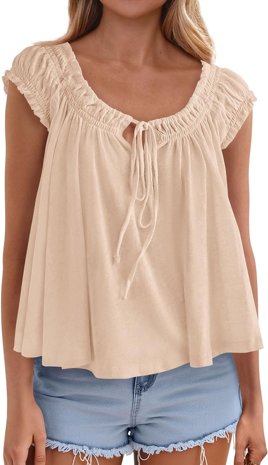 PRETTYGARDEN Women Babydoll Tops 2026 Summer Clothes Cap Sleeve Tie Front Flowy Tank Top Peplum Blouses Cute Going Out Shirts